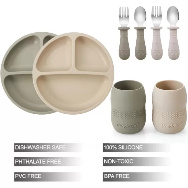 PandaEar Silicone Baby Feeding Set 2 Pack Silicone Divided Suction Plate and 2 Pack Tiny Cup with 2 Spoons 2 Forks Baby Led Weaning Supplies Self Feeding Eating Utensils Light TanWalnutSilverware Set