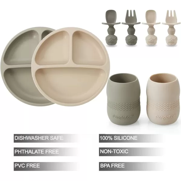 PandaEar Silicone Baby Feeding Set 2 Pack Silicone Divided Suction Plate and 2 Pack Tiny Cup with 2 Spoons 2 Forks Baby Led Weaning Supplies Self Feeding Eating Utensils Light TanWalnutLight TanWalnut