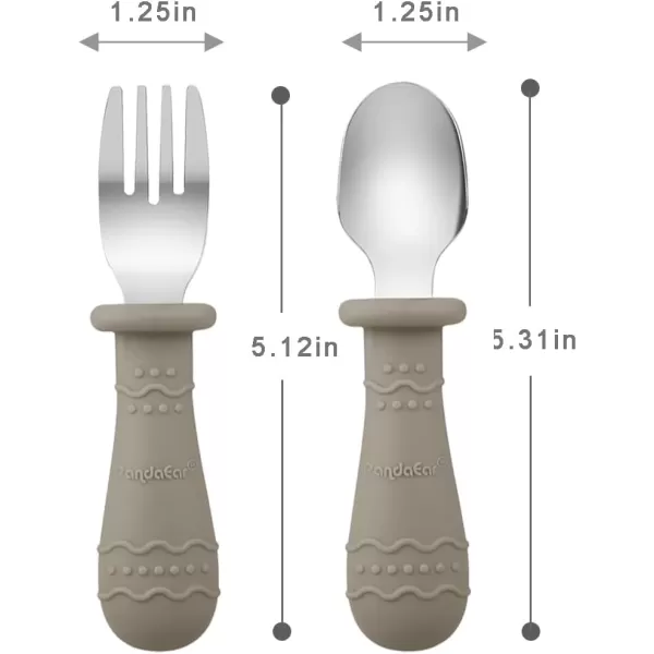 PandaEar Silicone Baby Feeding Set 2 Pack Silicone Divided Suction Plate and 2 Pack Tiny Cup with 2 Spoons 2 Forks Baby Led Weaning Supplies Self Feeding Eating Utensils Light TanWalnutSilverware Set