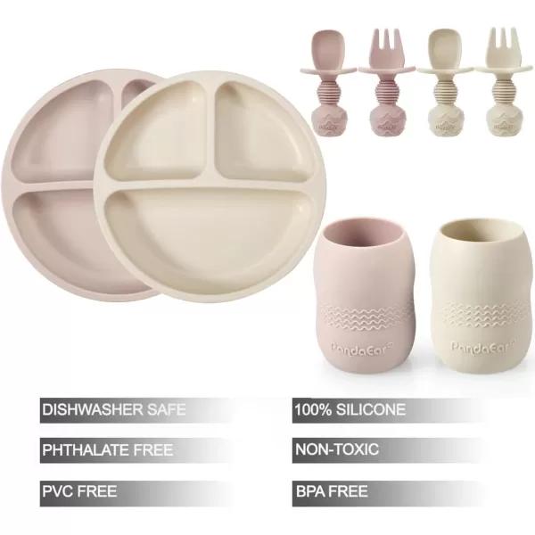 PandaEar Silicone Baby Feeding Set 2 Pack Silicone Divided Suction Plate and 2 Pack Tiny Cup with 2 Spoons 2 Forks Baby Led Weaning Supplies Self Feeding Eating Utensils Light TanWalnutLight TanPink