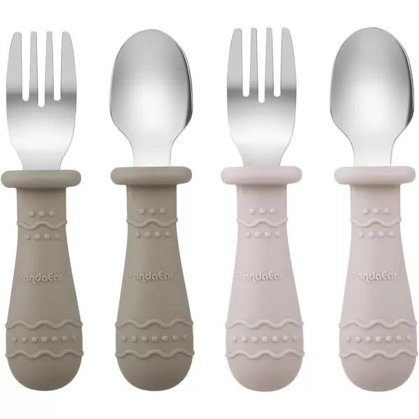 PandaEar Silicone Baby Feeding Set 2 Pack Silicone Divided Suction Plate and 2 Pack Tiny Cup with 2 Spoons 2 Forks Baby Led Weaning Supplies Self Feeding Eating Utensils Light TanWalnutSilverware Set