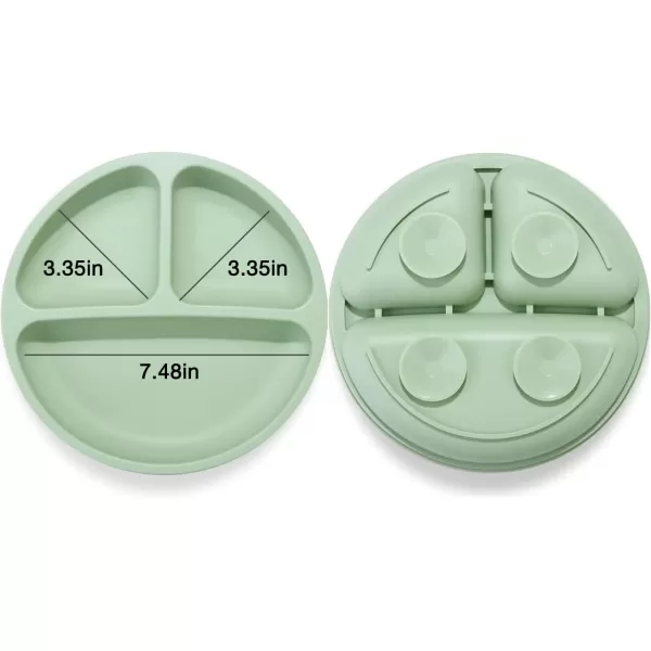 PandaEar Silicone Baby Feeding Set 2 Pack Silicone Divided Suction Plate with 2 Pack Spoons  Baby Led Weaning Supplies Self Feeding Eating Utensils GreenGrey