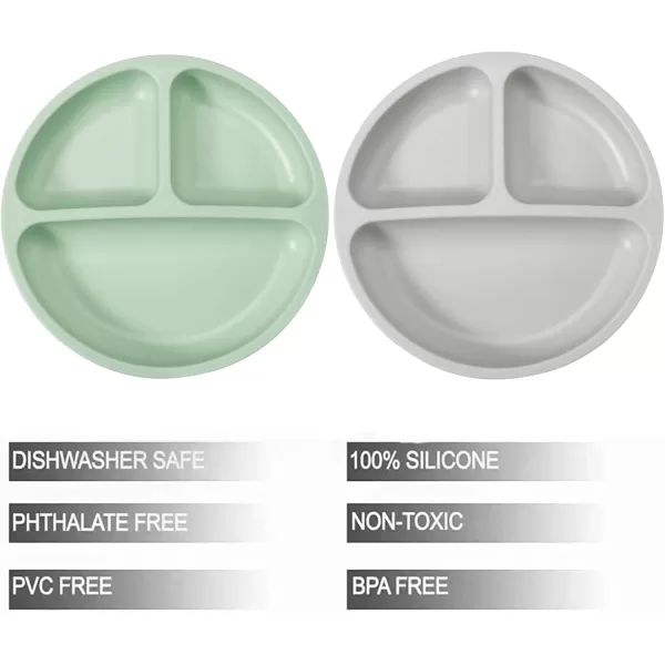PandaEar Silicone Baby Feeding Set 2 Pack Silicone Divided Suction Plate with 2 Pack Spoons  Baby Led Weaning Supplies Self Feeding Eating Utensils GreenGrey