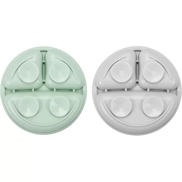 PandaEar Silicone Baby Feeding Set 2 Pack Silicone Divided Suction Plate with 2 Pack Spoons  Baby Led Weaning Supplies Self Feeding Eating Utensils GreenGrey