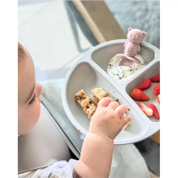 PandaEar Silicone Baby Feeding Set 2 Pack Silicone Divided Suction Plate with 2 Pack Spoons  Baby Led Weaning Supplies Self Feeding Eating Utensils GreenGrey