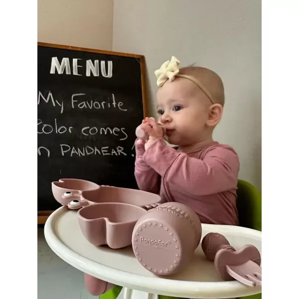 PandaEar Silicone Baby Feeding Set Silicone Divided Suction Crab Plate and Tiny Cup with Spoons ampamp Forks Baby Led Weaning Supplies Self Feeding Eating Utensils Pink