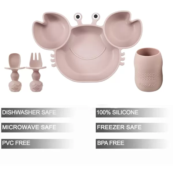 PandaEar Silicone Baby Feeding Set Silicone Divided Suction Crab Plate and Tiny Cup with Spoons ampamp Forks Baby Led Weaning Supplies Self Feeding Eating Utensils Pink