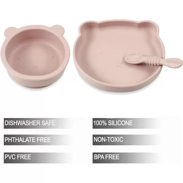 PandaEar Silicone Baby Feeding Set  Silicone Suction Toddler Plate Suction Bowl and Spoon for Self Feeding  Baby Led Weaning Supplies Eating Utensils Bear Shape Pink