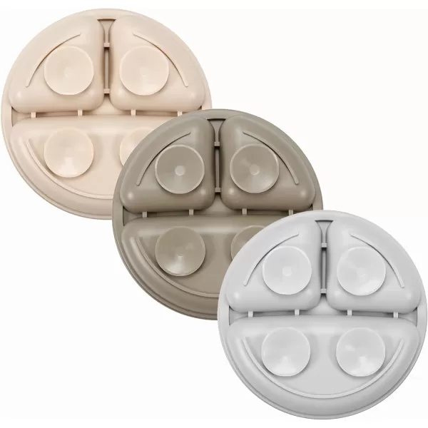 PandaEar Silicone Suction Plates for Babies ampamp Toddlers 3 Pack Divided Unbreakable Plates with Lid  NonSlip  Dishwasher and Microwave Safe Creamy Grey BrownCreamy Gray Brown