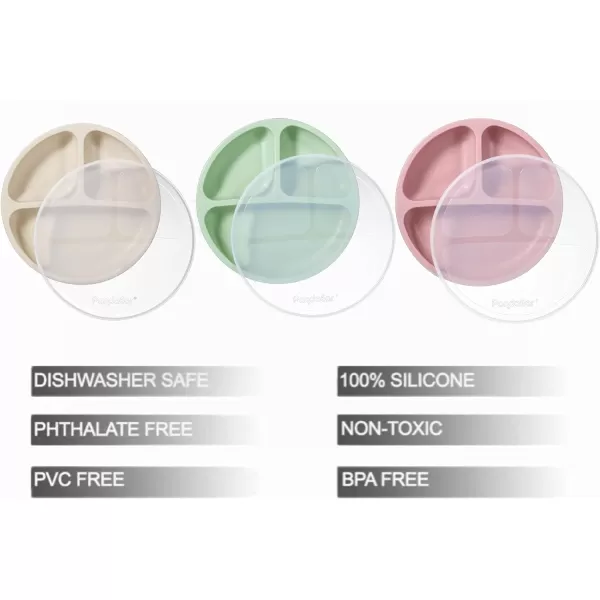 PandaEar Silicone Suction Plates for Babies ampamp Toddlers 3 Pack Divided Unbreakable Plates with Lid  NonSlip  Dishwasher and Microwave Safe Creamy Grey BrownPink Green Red