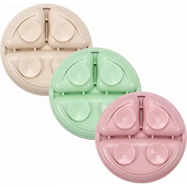 PandaEar Silicone Suction Plates for Babies ampamp Toddlers 3 Pack Divided Unbreakable Plates with Lid  NonSlip  Dishwasher and Microwave Safe Creamy Grey BrownPink Green Red