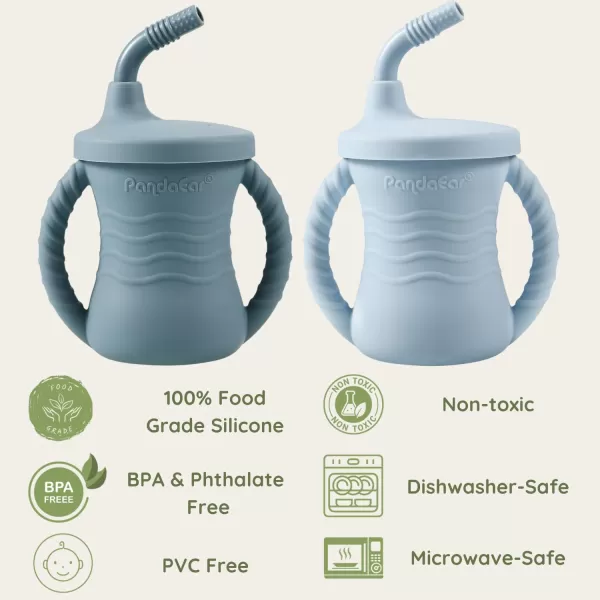 PandaEar Silicone Training Cup 2 Pack Baby Drinking Sippy Cups with Handles ampamp Straw for Baby and Toddler 6 Months PinkampampGreyDark BlueLight Blue