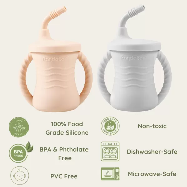 PandaEar Silicone Training Cup 2 Pack Baby Drinking Sippy Cups with Handles ampamp Straw for Baby and Toddler 6 Months PinkampampGreyPinkGrey