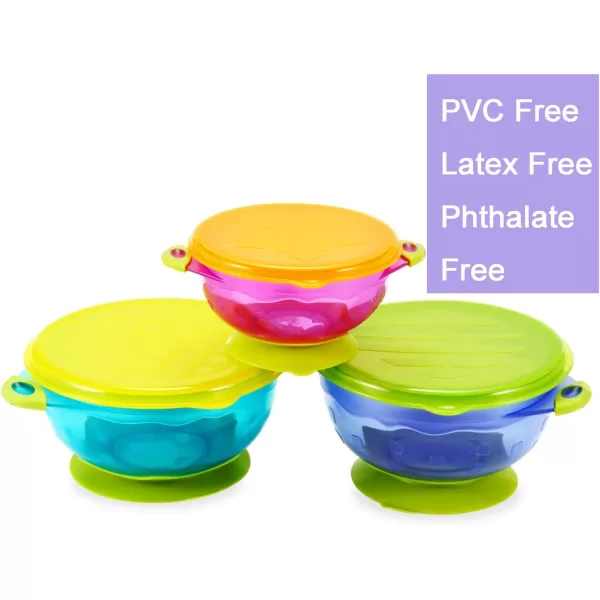 PandaEar Stay Put Spill Proof Stackable Baby Suction Bowls 3 Sizes for Toddlers with Silicone Feeding Utensils and Secure Lids BPA Free