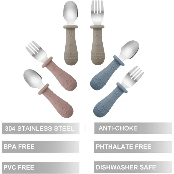 PandaEar Toddler Utensils 6 Pack Kids Spoons and Forks 188 Stainless Steel ampamp Food Grade Silicone Children Silverware Set Dishwasher Safe Light TanWalnutBlueBlueBrownRed