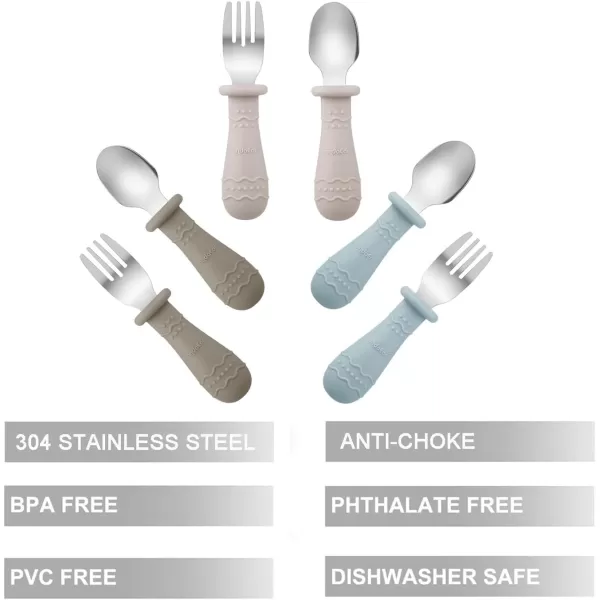 PandaEar Toddler Utensils 6 Pack Kids Spoons and Forks 188 Stainless Steel ampamp Food Grade Silicone Children Silverware Set Dishwasher Safe Light TanWalnutBlueLight TanWalnutBlue