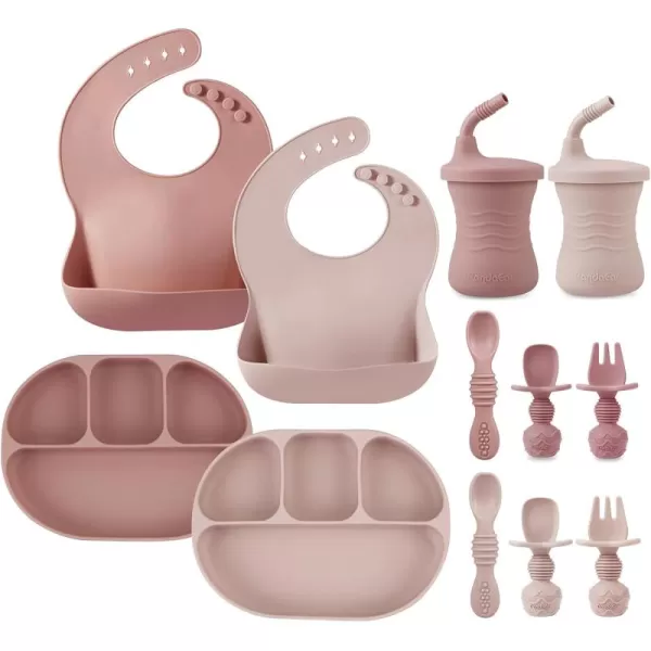 PandaEar 12PCS Silicone Baby Feeding Set  2 Sectioned Baby Suction Plate 2 Baby Bibs 2 Toddler Cup 4 Baby Spoons ampamp 2 Baby Forks  Baby Led Weaning Supplies