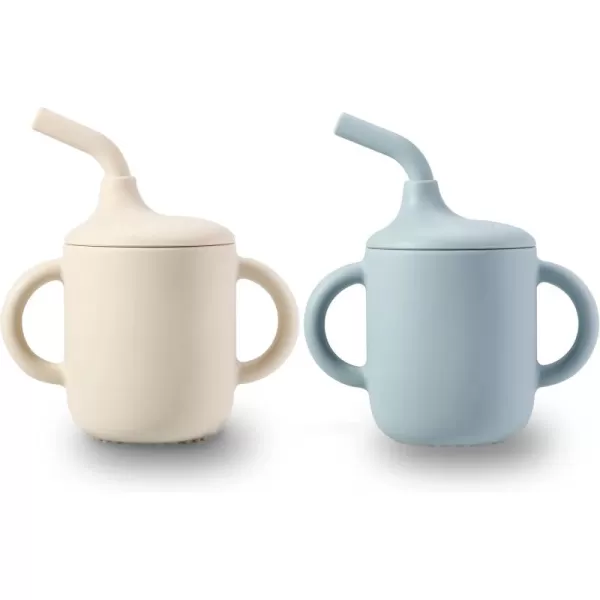PandaEar 2 Pack 100 Tiny Silicone Drinking Training Cup with Handles ampamp Straw for Baby and Toddler Pink GreenWhite Blue
