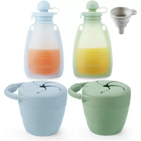 PandaEar 2 Pack Baby Food Pouches ampamp 2 Pack Snack Containers Reusable Silicone Squeeze Pouches ampamp Collapsible Toddler Snack Cups for Toddler Kids BlueampampGreen