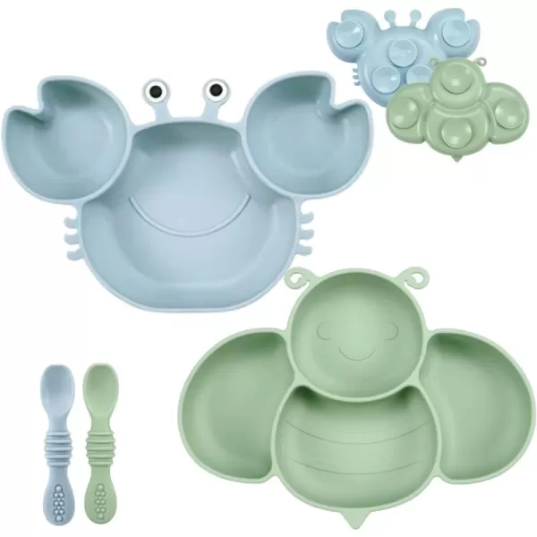 PandaEar 2 Pack Silicone Suction Plates for Baby Divided Unbreakable Toddler Plate with 2 Pack Spoons for Self Feeding Babies Utensils Feeding Set Baby Eating Supplies Crab ampamp Bee Shape BlueampampGreen