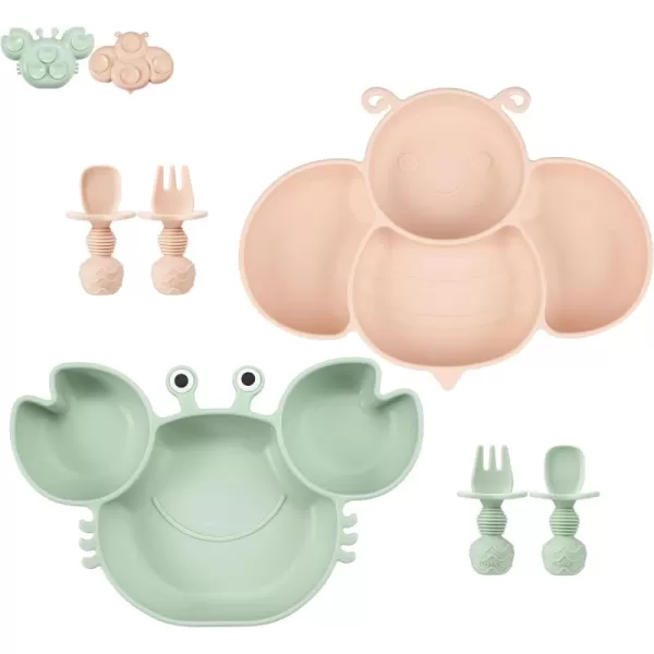 PandaEar 2 Pack Silicone Suction Plates for Toddlers Baby with 4 Spoons Self Feeding Divided Unbreakable Toddler Plates with Suction Baby Plates and Utensils Set Baby Dishes Green Crab ampamp Pink Bee