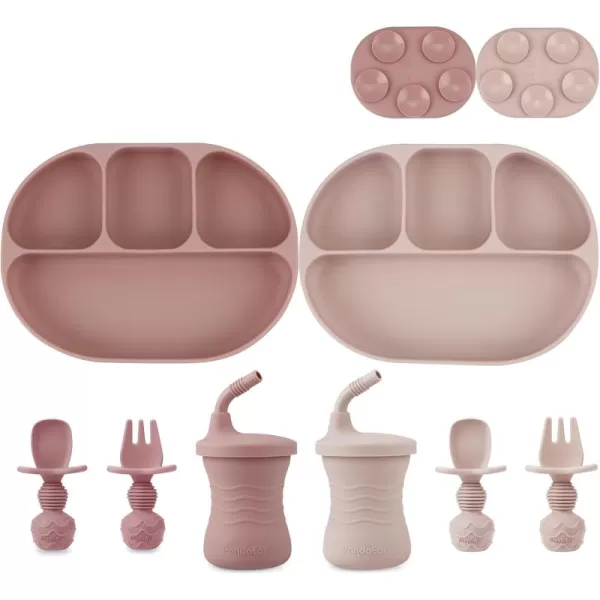 PandaEar 2 Silicone Suction Plate with 2 Tiny Sippy Cup and 2 Spoon 2 Fork for SelfFeeding Divided Toddler Plate 100 Silicone Baby Food Plate BPA Free 8 Pcs Silicone Baby Feeding Set