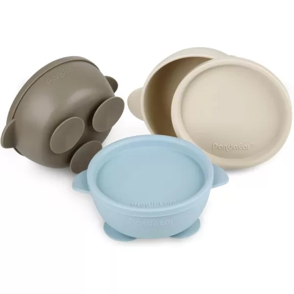 PandaEar 3 Pack Baby Suction Bowls with Lids LeakProof Stay Put Silicone Food Bowl for Babies Kids Toddlers Infants Food Grade Soft Safe BPAFree Silicone Blue Brown Tan