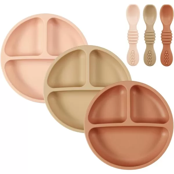 PandaEar 3 Pack Toddler Plates with 3 Spoons 100 Silicone Divided Suction Plate for Babies BPAFree Dishwasher and Microwave Safe PinkBrownBrick red