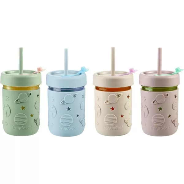PandaEar 4 Pack Kids ampamp Toddler Glass Cups Glass Mason Jar Cups 845 oz with Silicone Sleeves ampamp Straws Toddler SpillProof Smoothie Cups