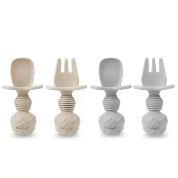 PandaEar 4 Pack Silicone Baby Spoons Forks Feeding Set Toddler Utensils Baby Led Weaning Supplies First Stage Baby Spoon Self Feeding 6 Months Old Baby EssentialsCarnation Grey