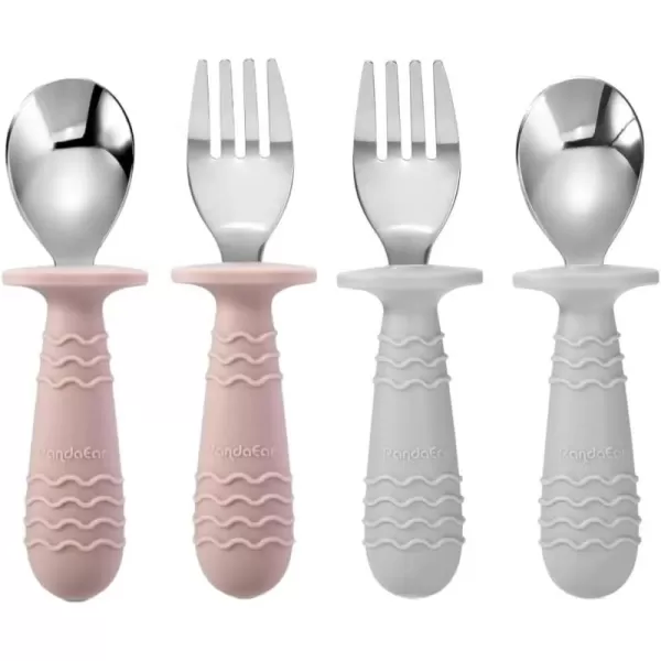 PandaEar 4 Set Baby Toddler Silicone Stainless Steel Utensils Silverware Spoon Fork for Baby Toddler BPA Free with Silicone Holding AntiChoke Design PinkampampGreyPinkGrey