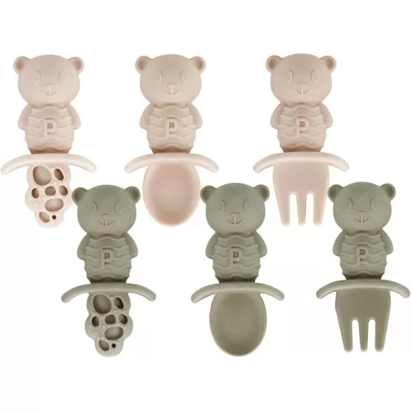PandaEar 6 Pack Baby Led Weaning Spoons Forks 6 Months  Silicone Baby Spoons and Fork Self Feeding Utensils Toddler Infant AntiChoke Feeding Utensils Bear Shape Light TanWalnutLight TanWalnut