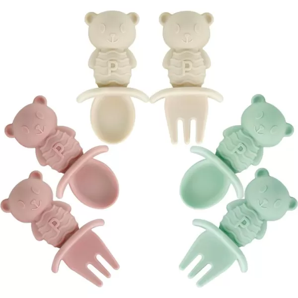 PandaEar 6 Pack Baby Led Weaning Spoons Forks 6 Months  Silicone Baby Spoons and Fork Self Feeding Utensils Toddler Infant AntiChoke Feeding Utensils Bear Shape Light TanWalnutPink Green Linen