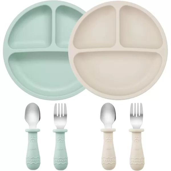 PandaEar Baby Feeding Set 2 Pack Silicone Divided Suction Plate 2 Set Toddler Spoons ampamp Forks Baby Led Weaning Supplies Self Feeding Eating Utensils