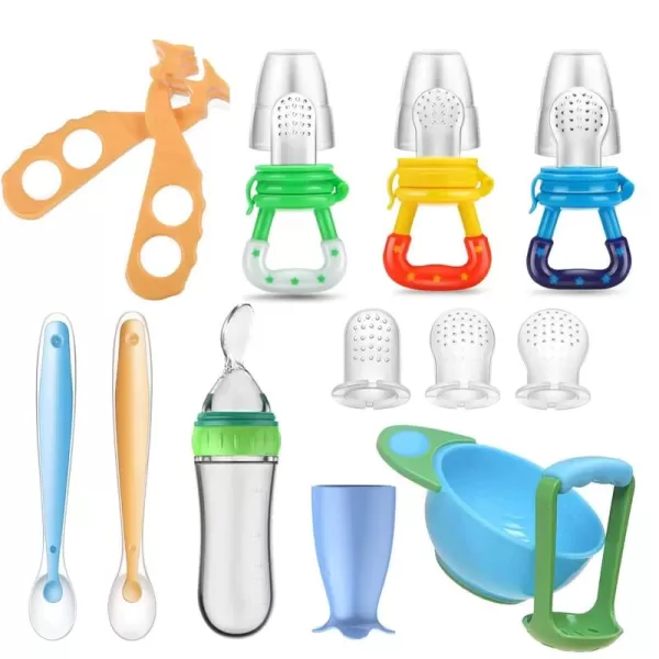 PandaEar Baby Food Feeding Set Fresh Fruit Feeder 3 Pack with 3 Size Silicone Pacifiers 2 Silicone Baby Spoon 1 Food Mash and Serve Bowl with Scissor 1 Baby Food Dispensing Spoon
