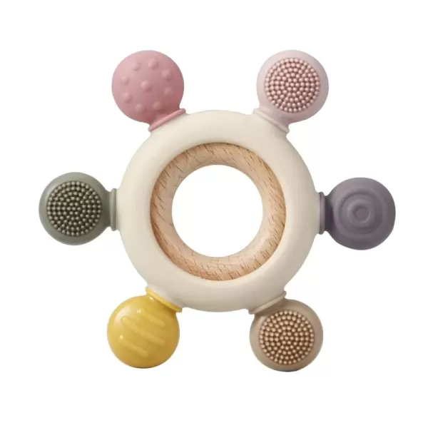 PandaEar Baby Teething Toys  Silicone Rudder Toy with Wooden Rings for Soothing Teething Pain Relief  Silicone Rudder with Wooden Ring for lnfants ampamp Toddlers 6 Months GreyPink