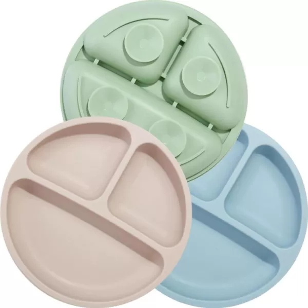 PandaEar Divided Unbreakable Silicone Baby and Toddler Plates  3 Pack  NonSlip  Dishwasher and Microwave Safe  Silicone Blue Green BrownBlue Green Brown