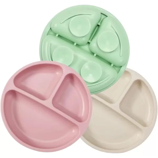 PandaEar Divided Unbreakable Silicone Baby and Toddler Plates  3 Pack  NonSlip  Dishwasher and Microwave Safe  Silicone Blue Green BrownPink Green Light Tan