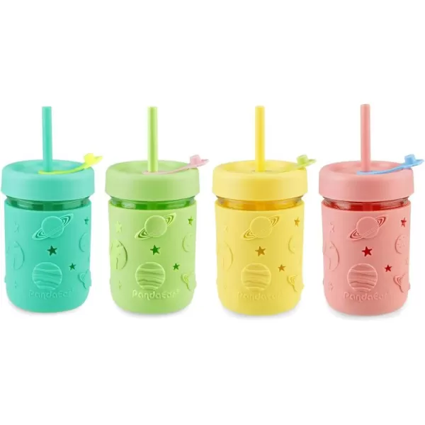 PandaEar Kids ampamp Toddler Glass Cups 4 Pack Glass Mason Jar Cups 845 oz with Silicone Sleeves ampamp Straws Toddler SpillProof Smoothie ampamp Snack Cups