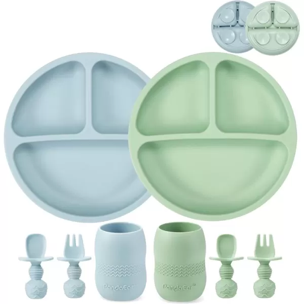 PandaEar Silicone Baby Feeding Set 2 Pack Silicone Divided Suction Plate and 2 Pack Tiny Cup with 2 Spoons 2 Forks Baby Led Weaning Supplies Self Feeding Eating Utensils Light TanWalnutBlueGreen