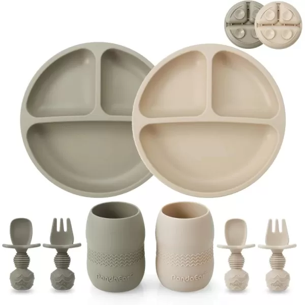 PandaEar Silicone Baby Feeding Set 2 Pack Silicone Divided Suction Plate and 2 Pack Tiny Cup with 2 Spoons 2 Forks Baby Led Weaning Supplies Self Feeding Eating Utensils Light TanWalnutLight TanWalnut