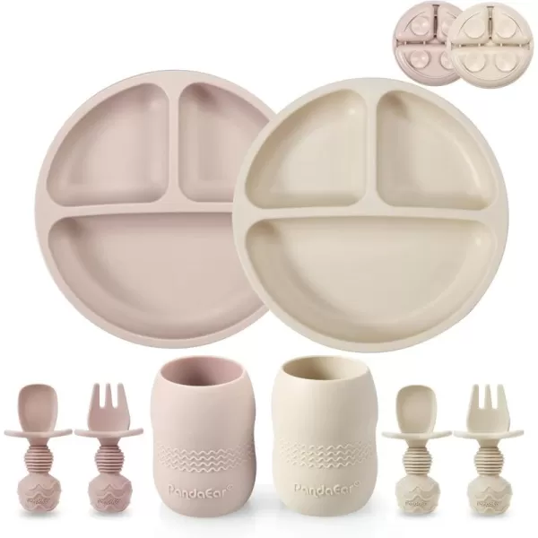 PandaEar Silicone Baby Feeding Set 2 Pack Silicone Divided Suction Plate and 2 Pack Tiny Cup with 2 Spoons 2 Forks Baby Led Weaning Supplies Self Feeding Eating Utensils Light TanWalnutLight TanPink