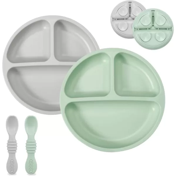 PandaEar Silicone Baby Feeding Set 2 Pack Silicone Divided Suction Plate with 2 Pack Spoons  Baby Led Weaning Supplies Self Feeding Eating Utensils GreenGrey
