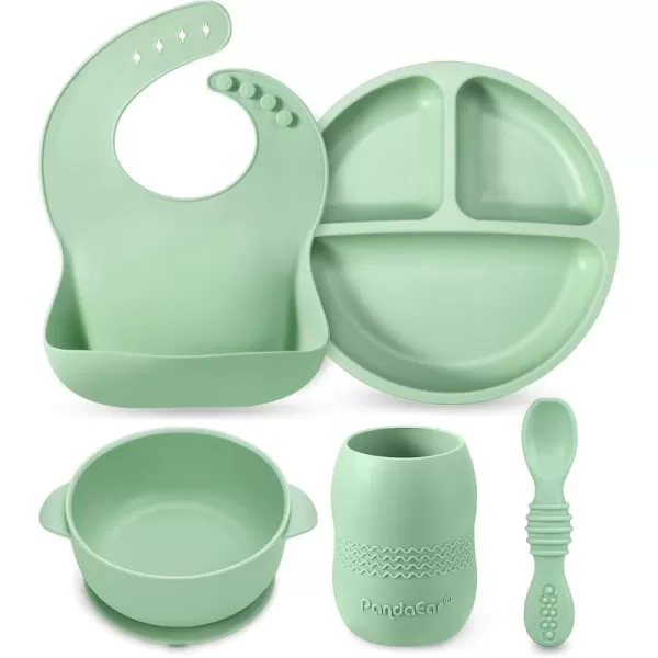 PandaEar Silicone Baby Feeding Set 612 Months Baby LED Weaning Supplies Infant Toddler Feeding Set Silicone Baby Bib  Baby Plate with Suction  Baby Cup  Baby Bowls and Spoon First Stage SetGreen