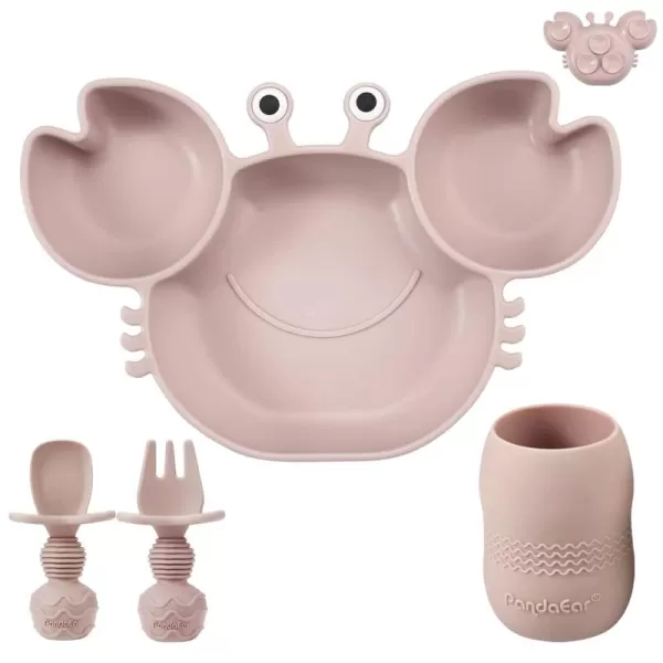 PandaEar Silicone Baby Feeding Set Silicone Divided Suction Crab Plate and Tiny Cup with Spoons ampamp Forks Baby Led Weaning Supplies Self Feeding Eating Utensils Pink