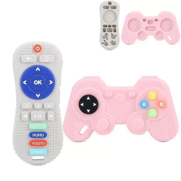 PandaEar Silicone Baby Teething Toys  Remote Control ampamp Game Pad Teether Toys for Babies 618 Months  BPA Free Sensory Chew Toys Natural Freezer Safe for Infants Toddlers Beige ampamp Pink