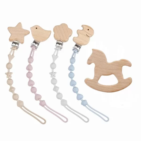 PandaEar Silicone Pacifier Clips for Boys and Girls 4 Pack Baby Binky Holder Clips Pacifier Strap Lanyard Chain ampamp Wooden Teething Toy with One Piece Design Fit All Teethers Toys Neutral