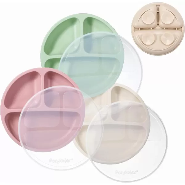 PandaEar Silicone Suction Plates for Babies ampamp Toddlers 3 Pack Divided Unbreakable Plates with Lid  NonSlip  Dishwasher and Microwave Safe Creamy Grey BrownPink Green Red