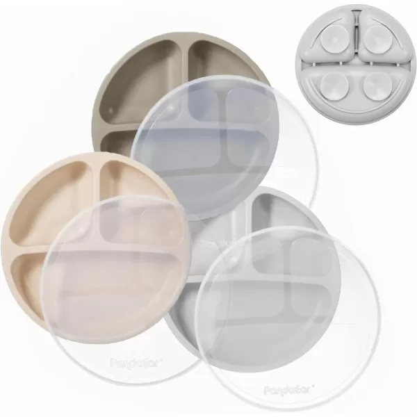 PandaEar Silicone Suction Plates for Babies ampamp Toddlers 3 Pack Divided Unbreakable Plates with Lid  NonSlip  Dishwasher and Microwave Safe Creamy Grey BrownCreamy Gray Brown