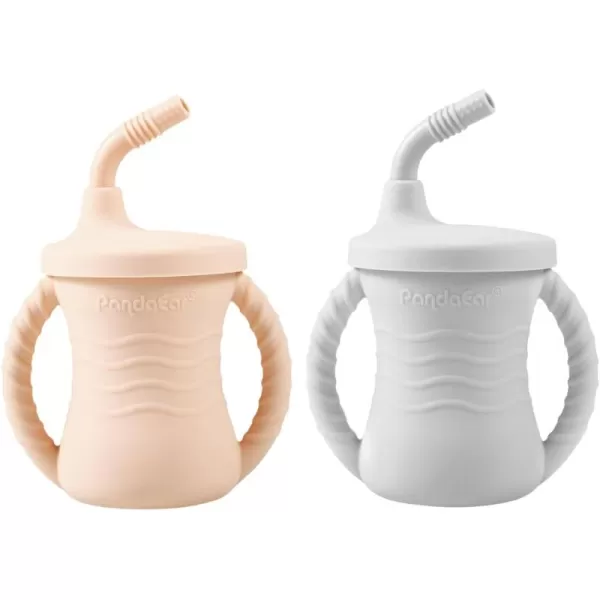 PandaEar Silicone Training Cup 2 Pack Baby Drinking Sippy Cups with Handles ampamp Straw for Baby and Toddler 6 Months PinkampampGreyPinkGrey